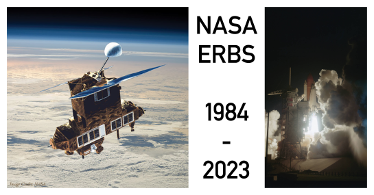 A graphic showing the ERBS satellite in orbit, next to a photo of the liftoff of the Space Shuttle that put it in orbit in 1984, with the caption "NASA ERBS 1984-2023"