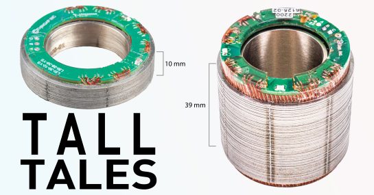 A graphic showcasing two ThinGap LSI 39 variants, the original 39-10 and taller 39-39, with a caption that reads "Tall Tales," a play on words because this blog is about why ThinGap offers different axial heights, ergo a tale about taller motors, which is a double-entendre on the phrase "tall tales" which is a phrase meaning a lie. 